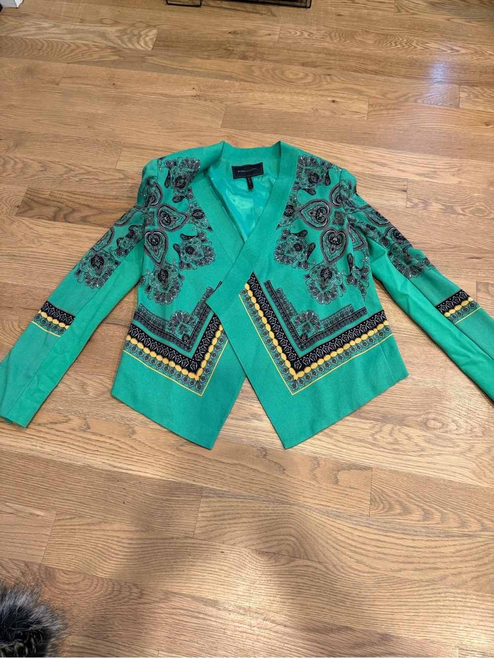BCBGMaxAzria Teal Patterned Open-Front Blazer with Black & Yellow Accents